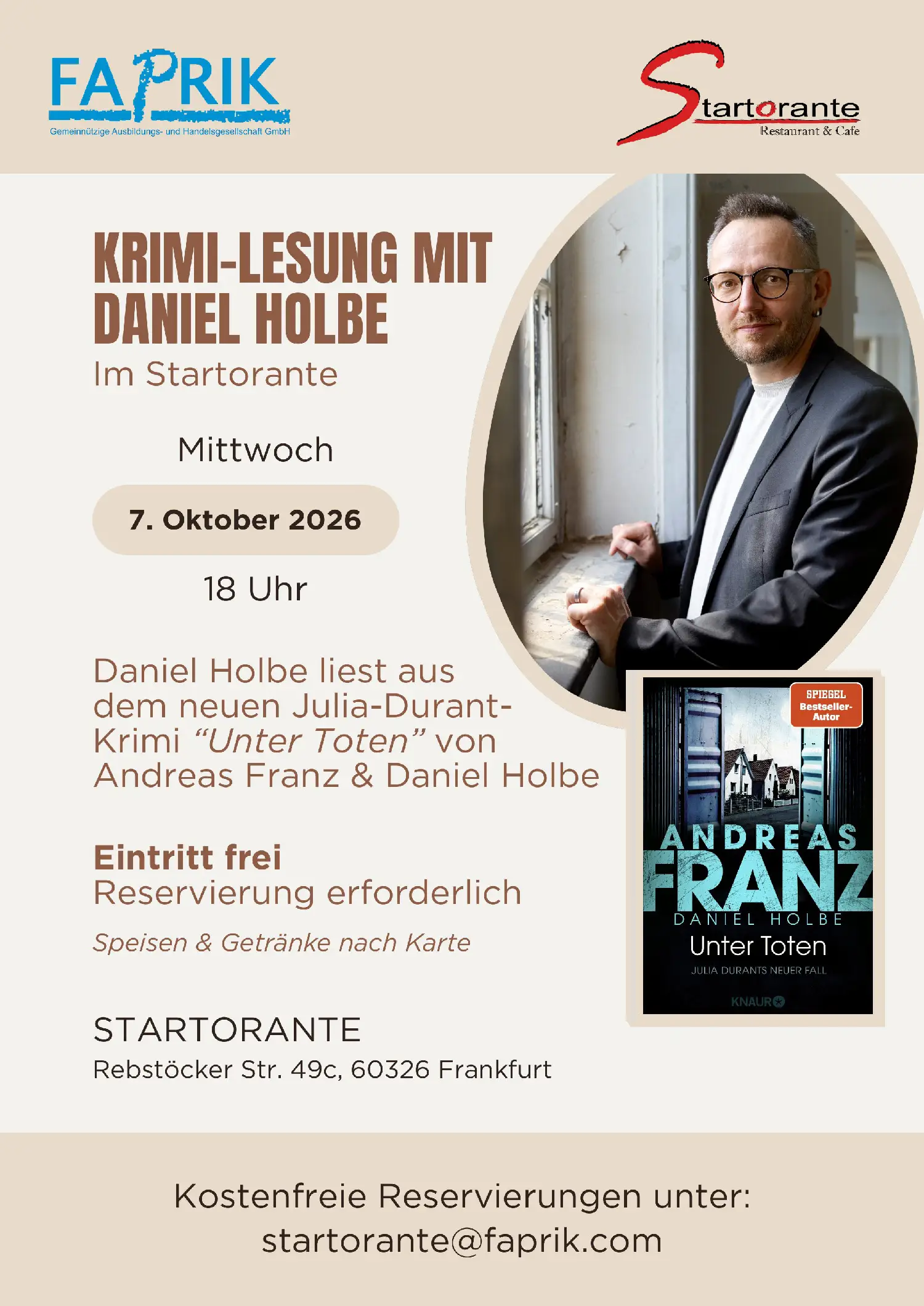Krimi-Lesung mit Daniel Holbe im Startorante am 7. Oktober 2026 um 18 Uhr